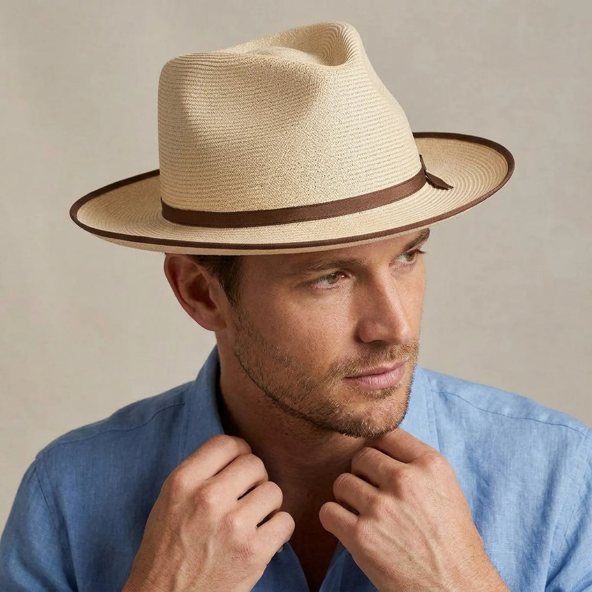 Natural Beige Straw Fedora with Brown Trim and Strap