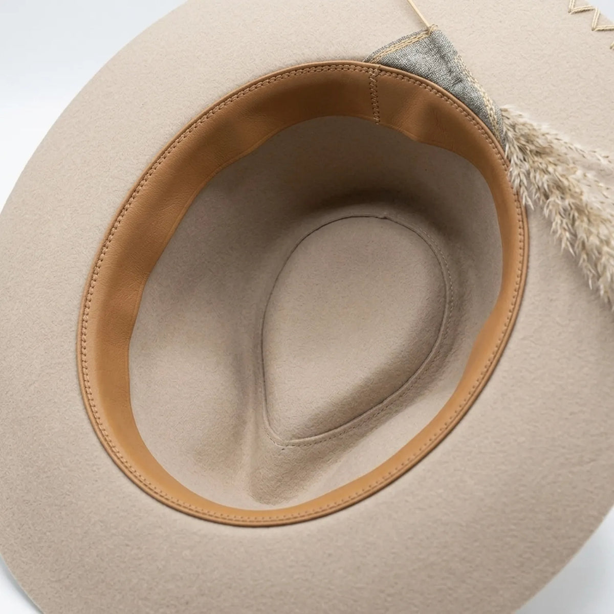 Sand Felt Fedora With Linen Band And Wheat Stem Accent