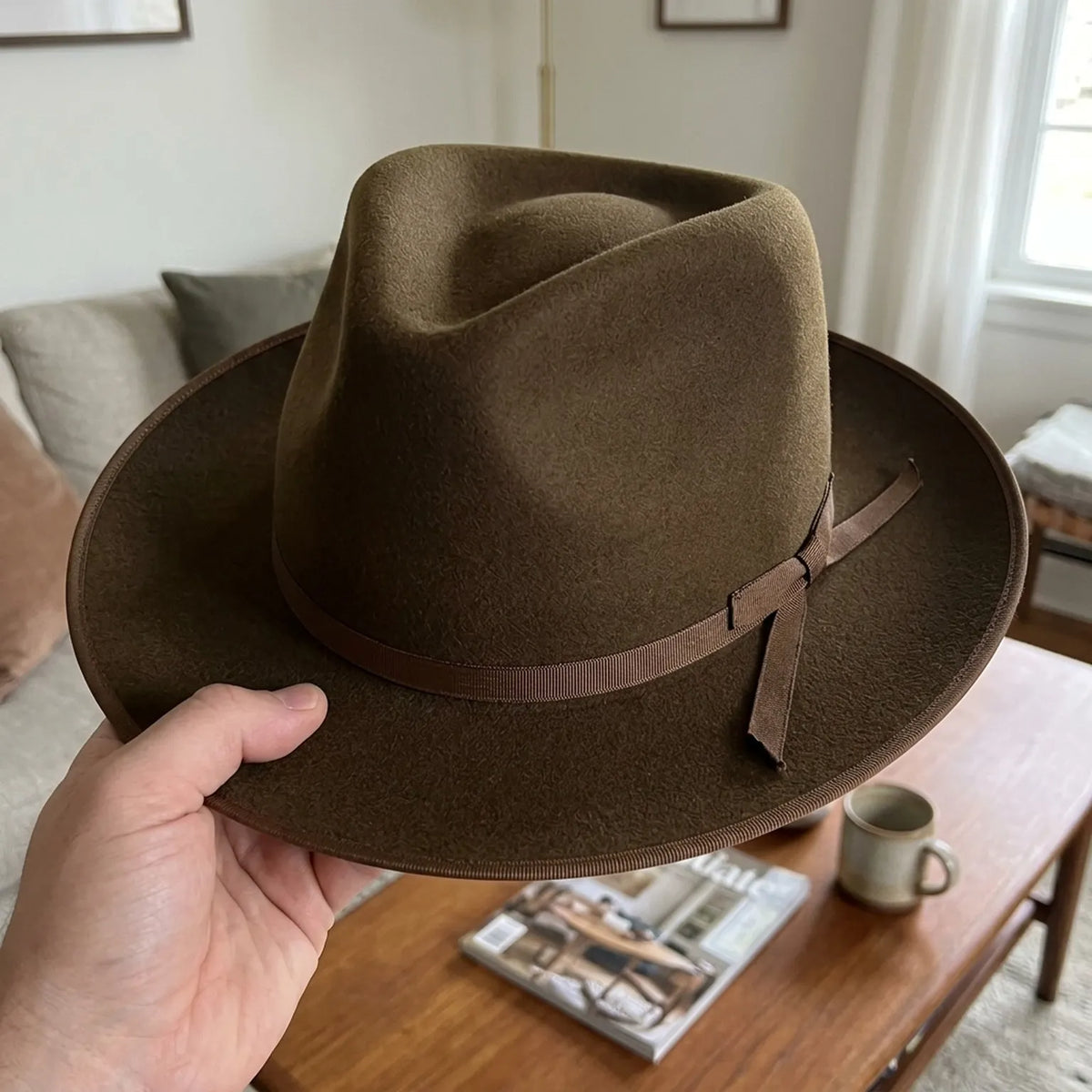 Dark Olive Wool Felt Fedora with Grosgrain Strap and Buckle