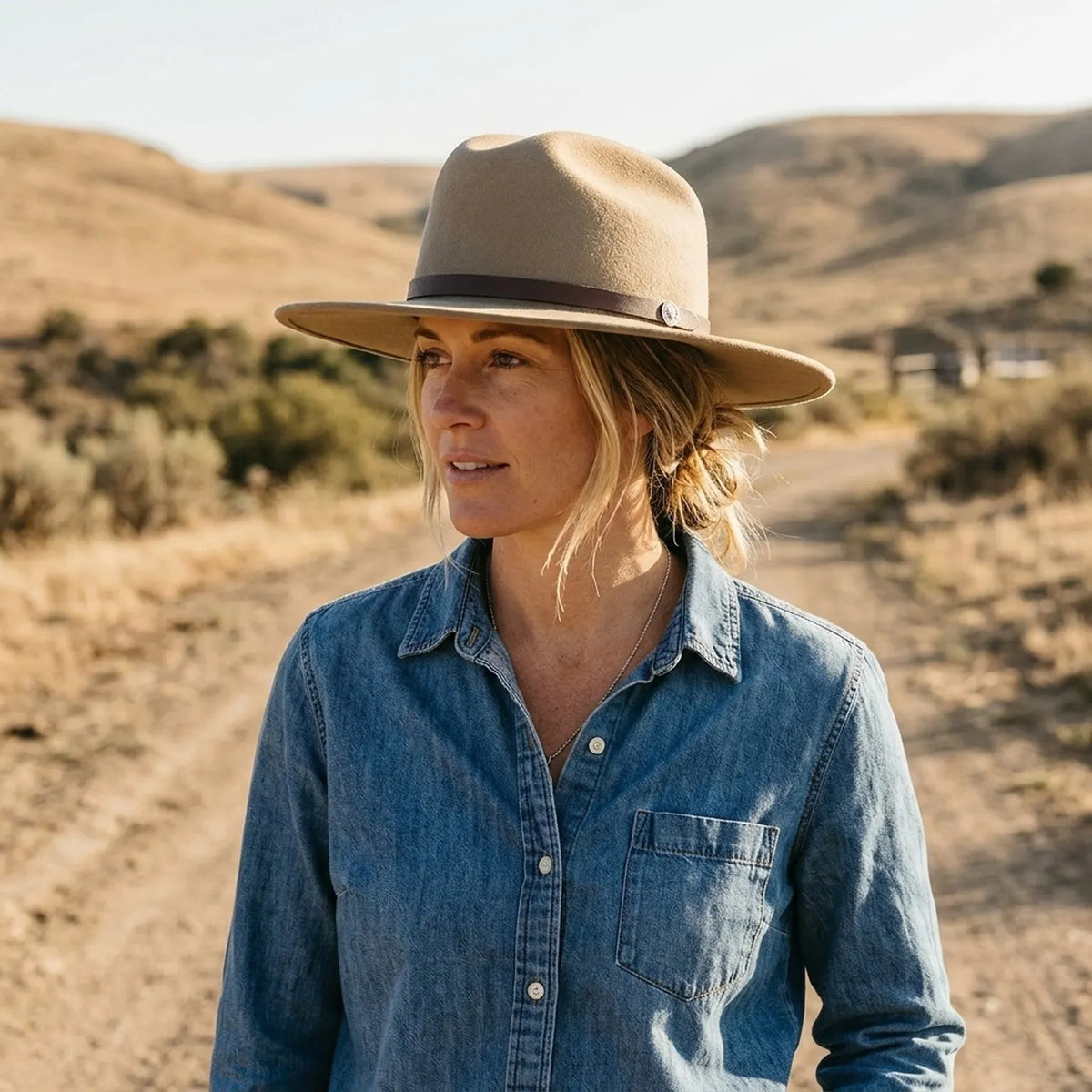 Camel Wool Felt Fedora with Brown Leather Band and Wide Flat Brim
