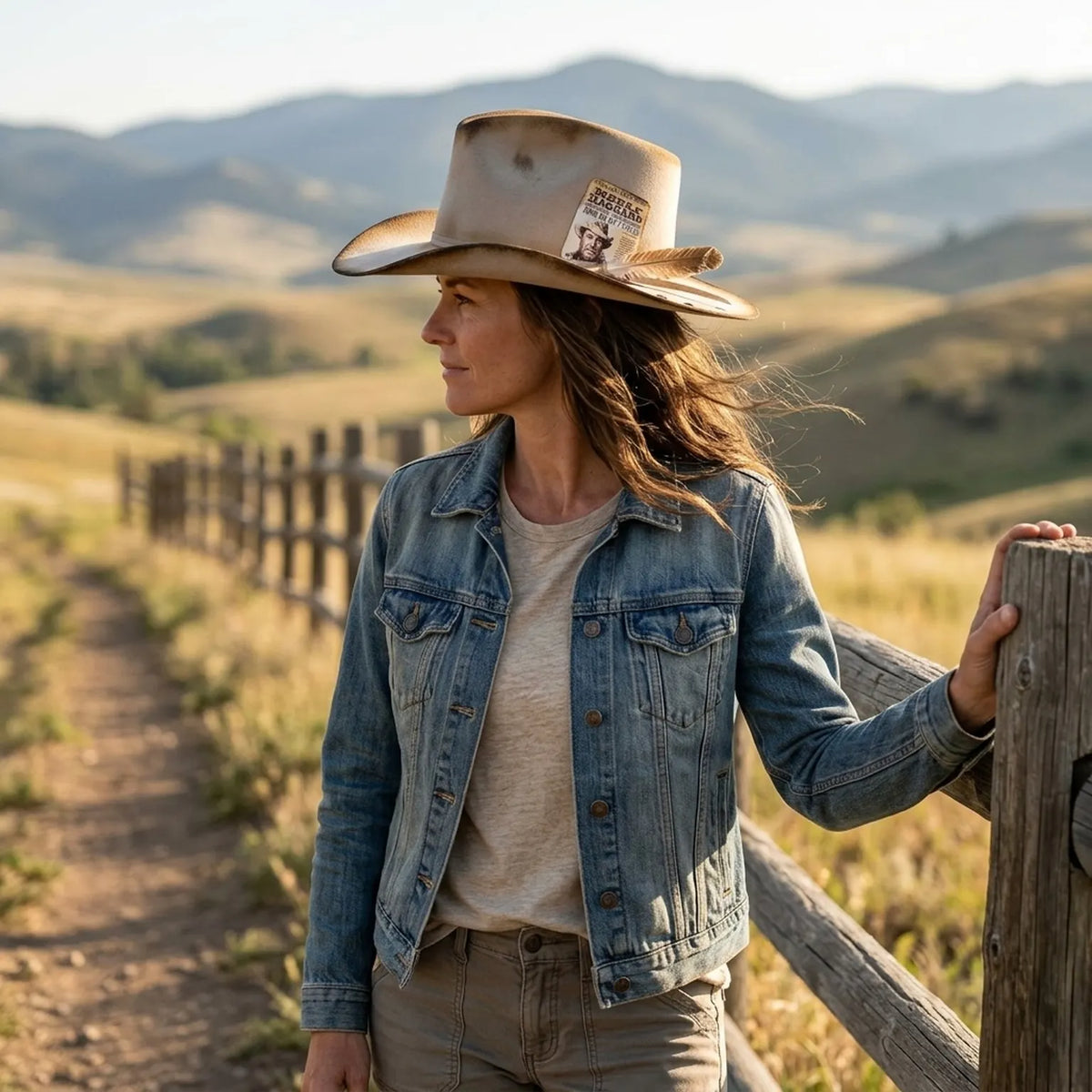 Distressed Beige Western Hat With Vintage Poster And Feather