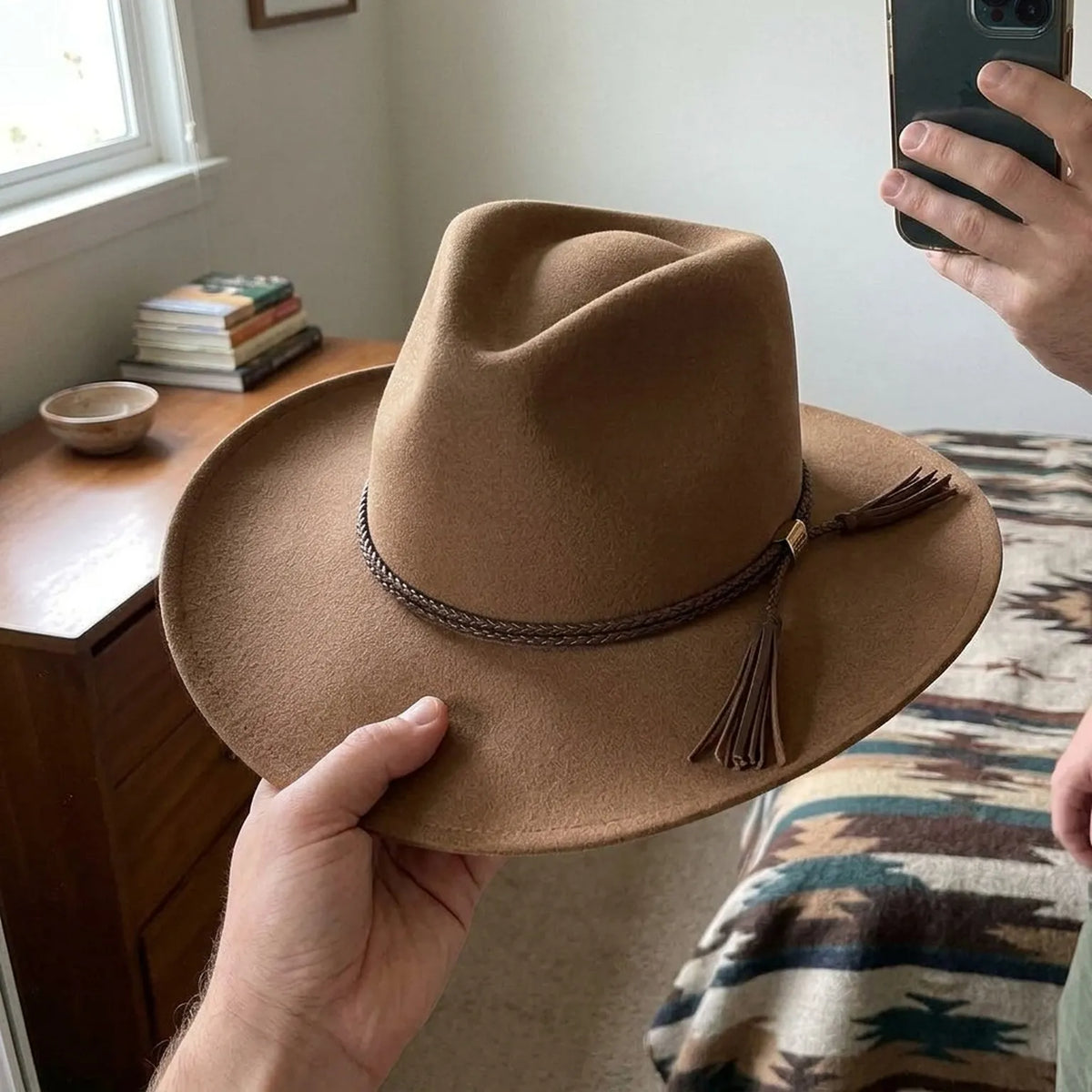 Camel Wool Felt Cowboy Hat with Braided Rope Tassel Band