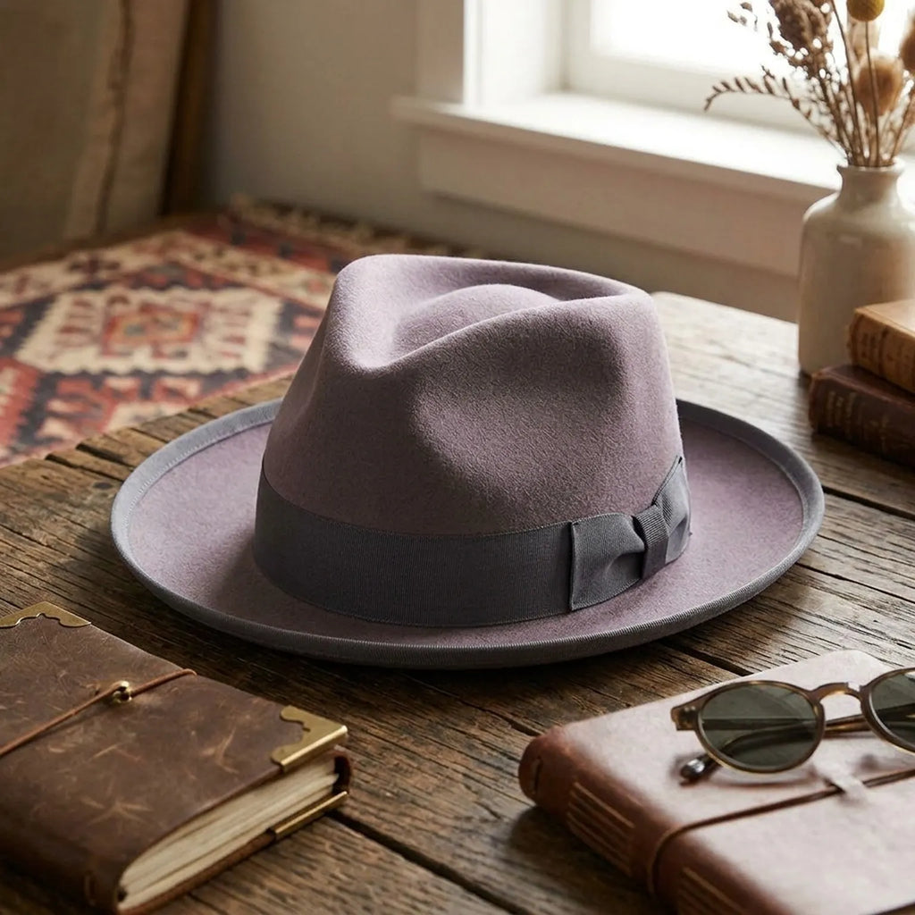 Unisex Light Grey Wool Felt Fedora Hat with Ribbon Band