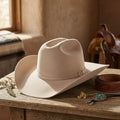 Unisex Beige Felt Cowboy Hat with Leather Band and Silver Buckle