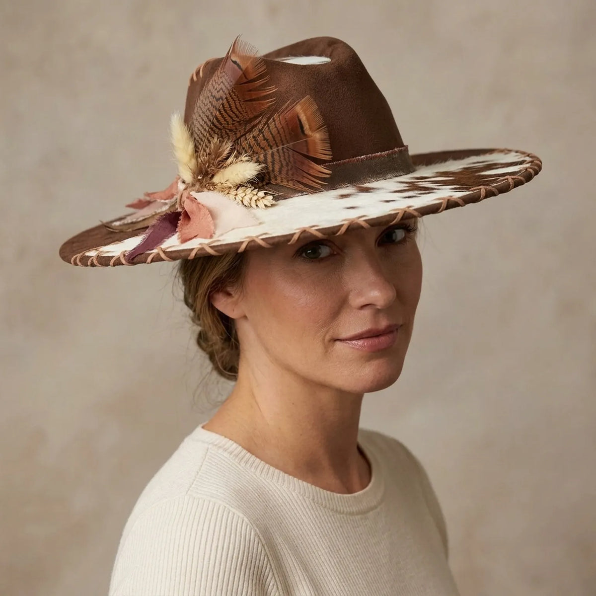 Brown Cowhide Brim Western Hat Feather Cluster Laced Edges Ranch Style