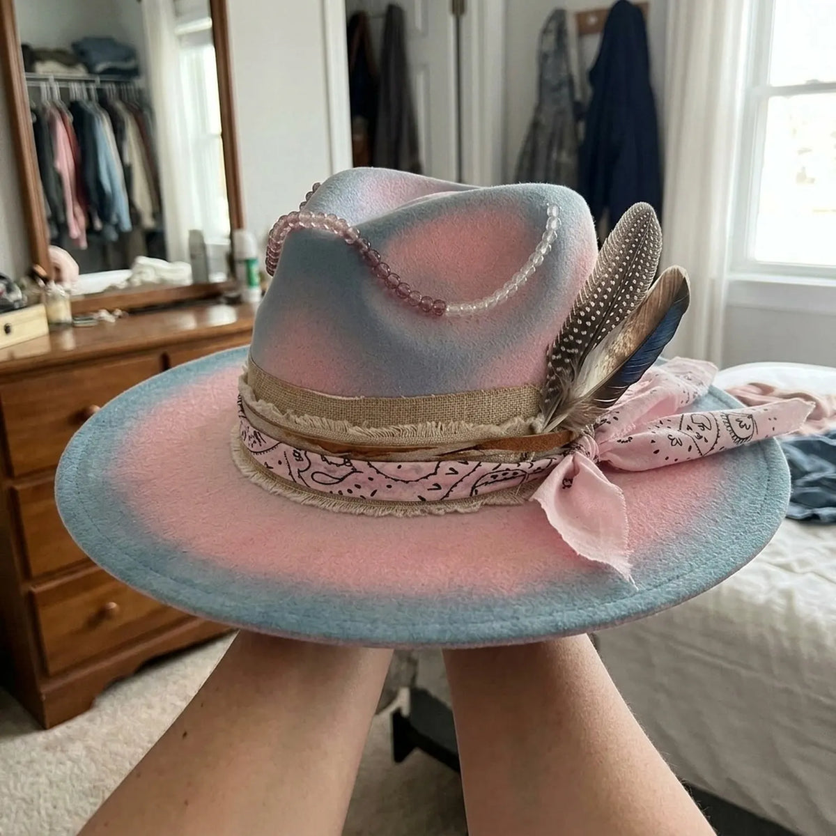 Pink Blue Tie-Dye Felt Fedora with Beaded Chain Bandana Scarf