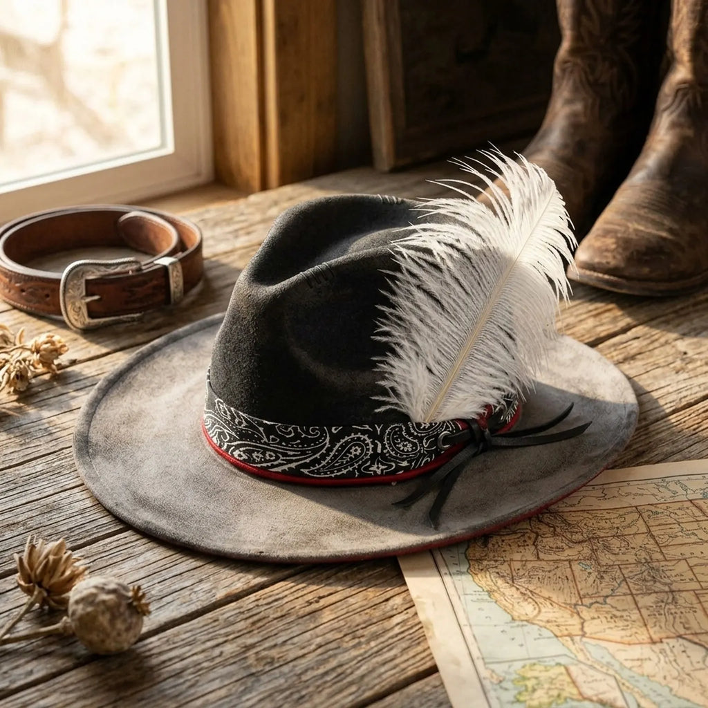 Two-Tone Black and Gray Fedora Hat with Paisley Band