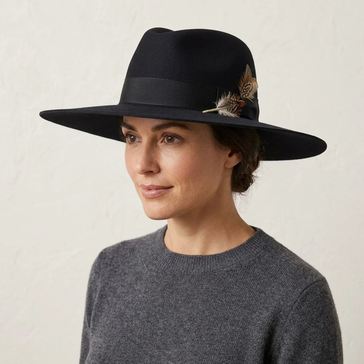 Black Wide Brim Wool Felt Fedora Hat with Feather Accent