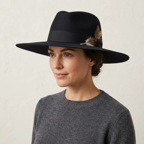 Black Wide Brim Wool Felt Fedora Hat with Feather Accent