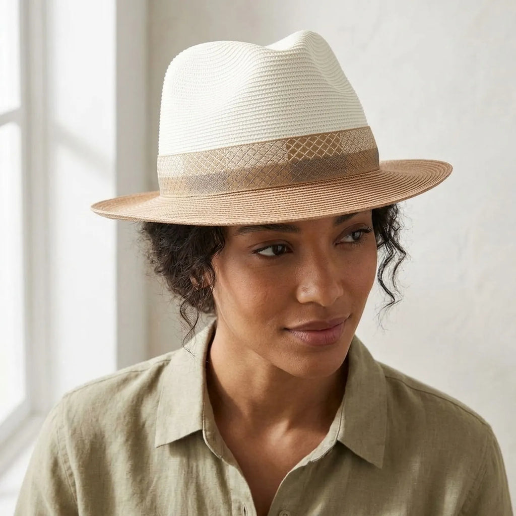 Two-Tone Cream and Tan Straw Sun Hat with Gold Band
