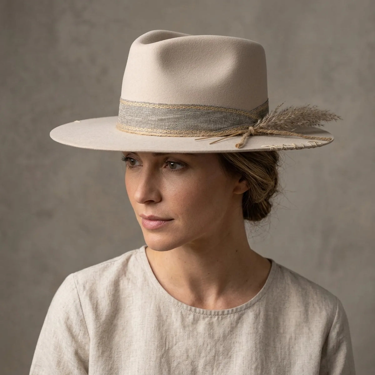 Sand Felt Fedora With Linen Band And Wheat Stem Accent