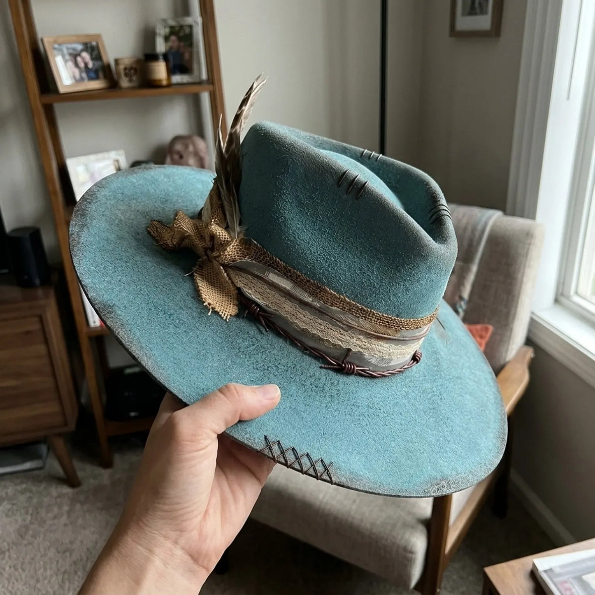 Teal Distressed Felt Fedora with Burlap Wrap and Barbed Wire