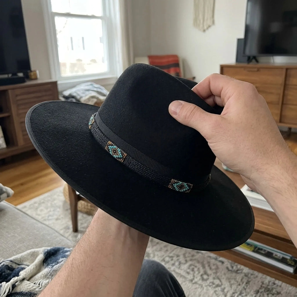 Black Wool Felt Fedora with Turquoise Beaded Diamond Band, Boho