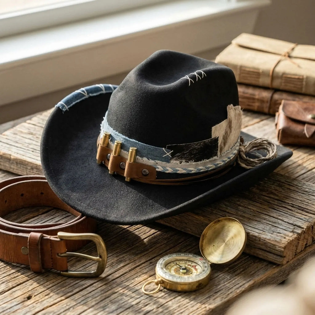 Black Cowboy Hat with Bullet Band, Denim Patch and Rope Detail