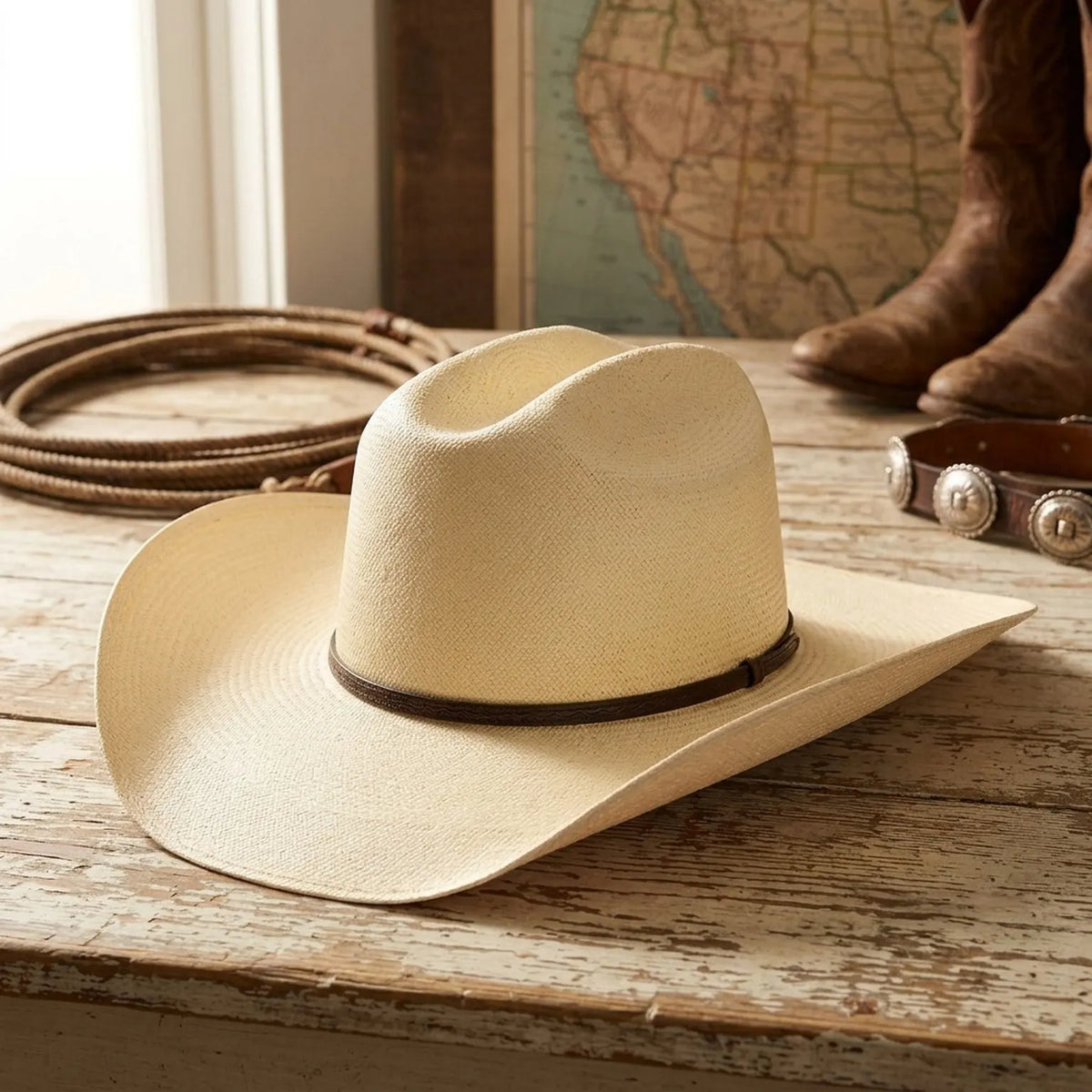 Natural Straw Cowboy Hat with Thin Dark Leather Band