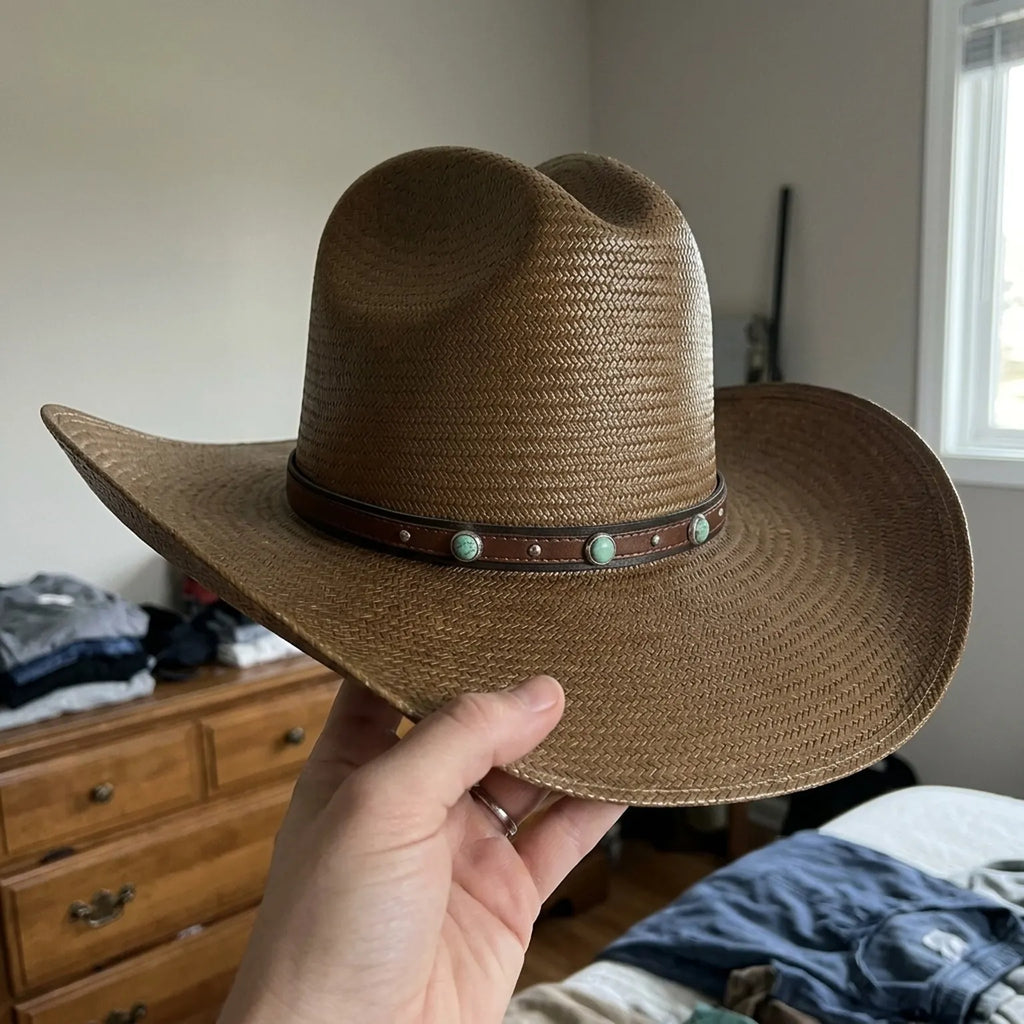 Brown Straw Western Hat with Turquoise Studded Leather Band