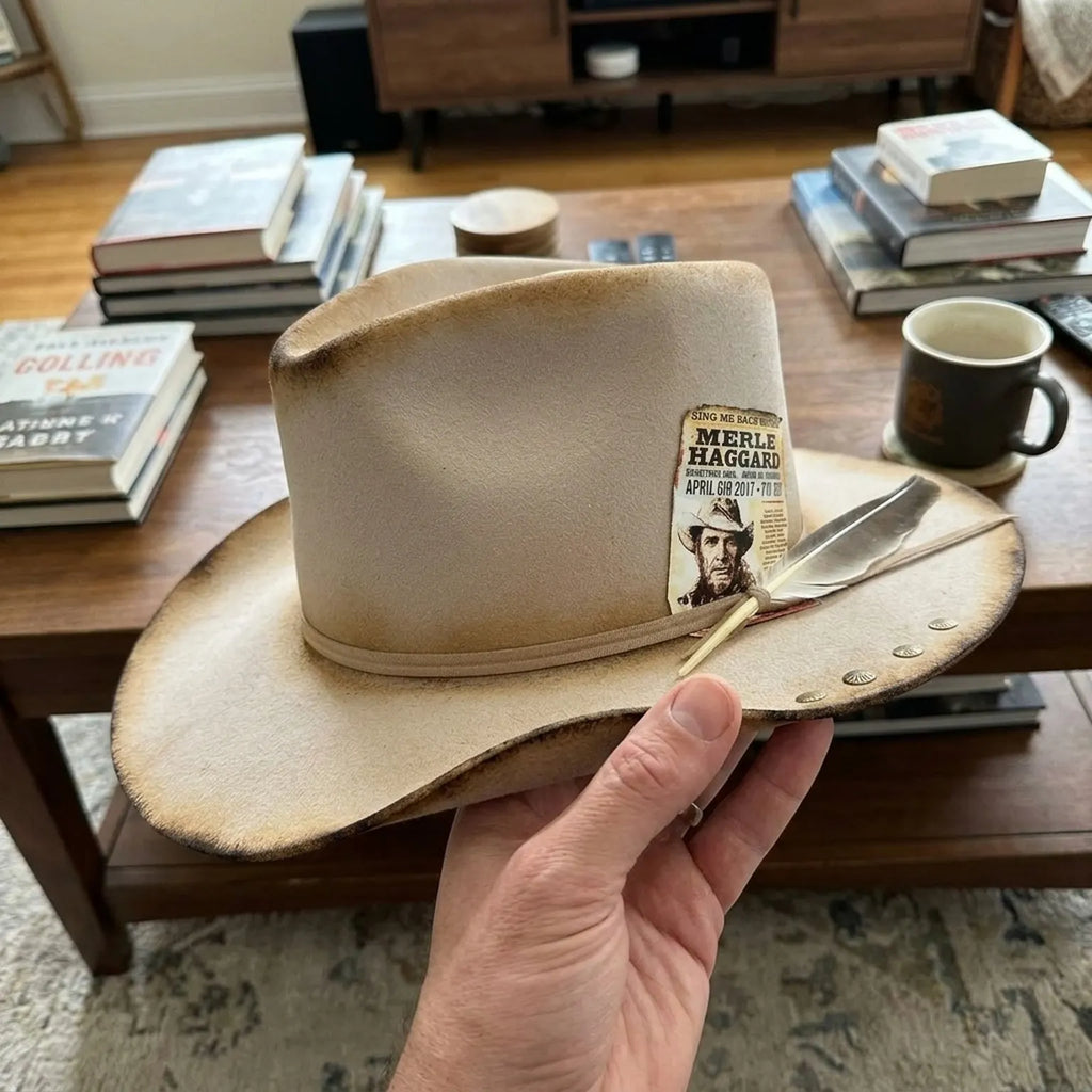 Distressed Beige Western Hat With Vintage Poster And Feather