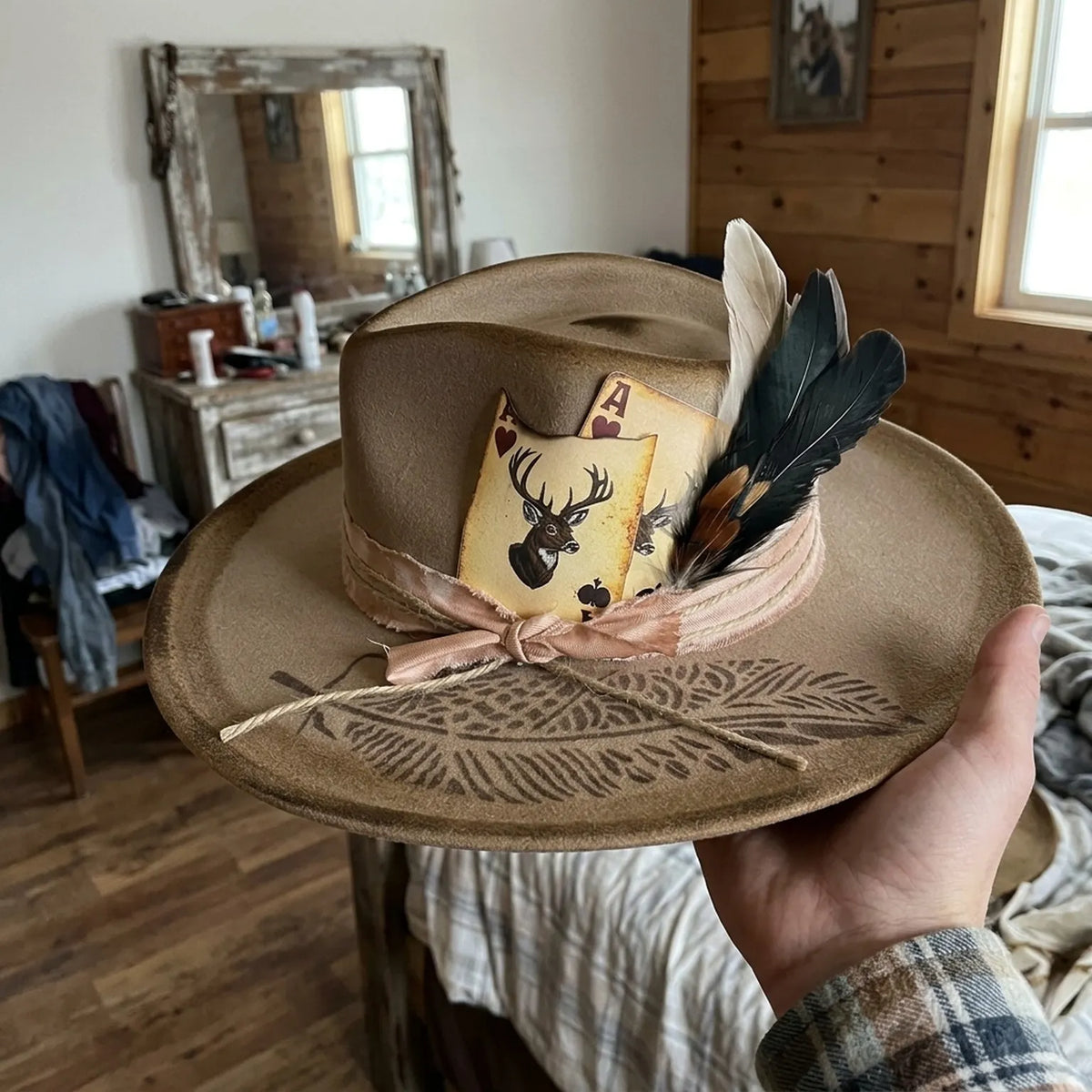 Tan Felt Western Hat With Playing Cards Feathers And Etched Brim