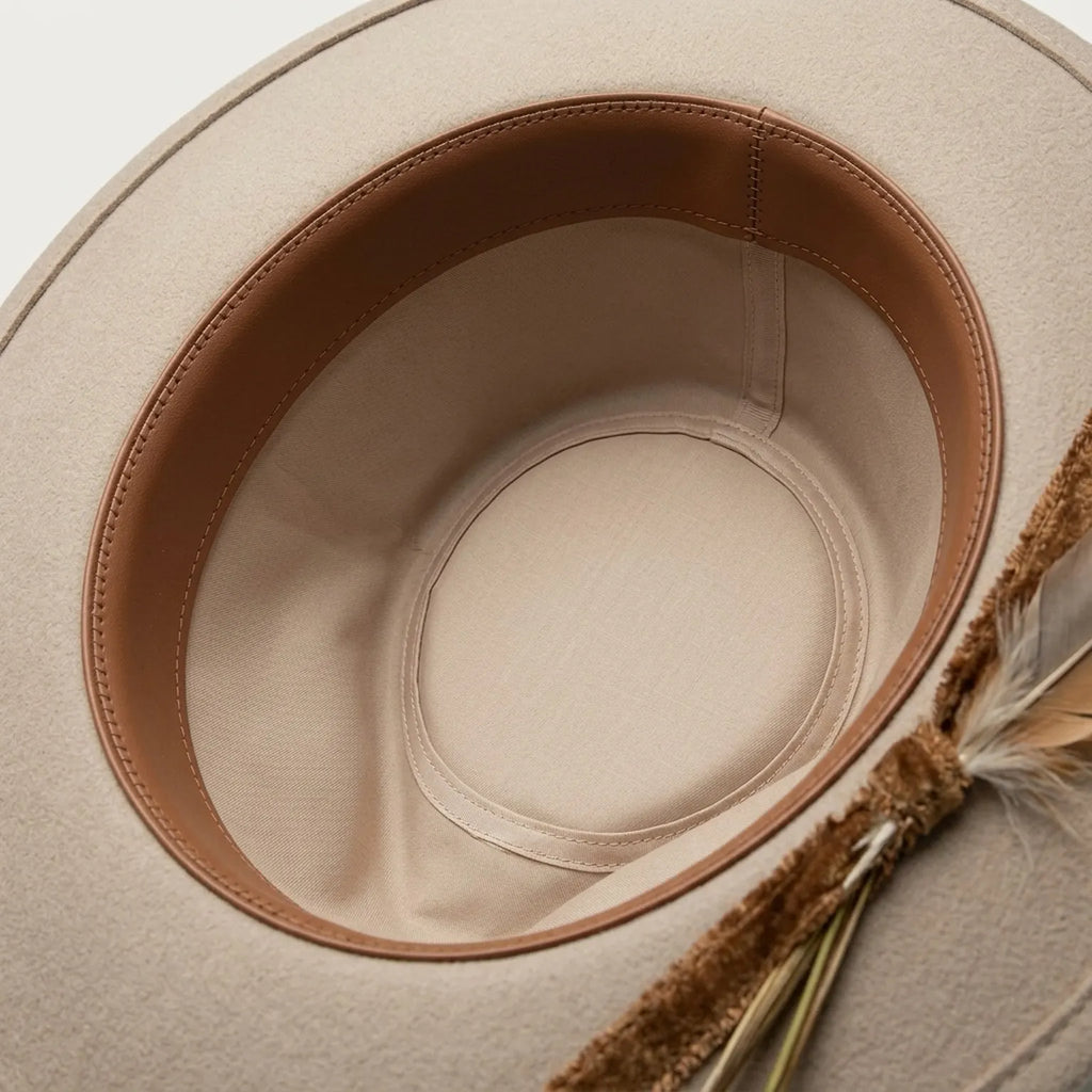 Beige Fedora with Cactus Skull Embroidery and Feather Accent