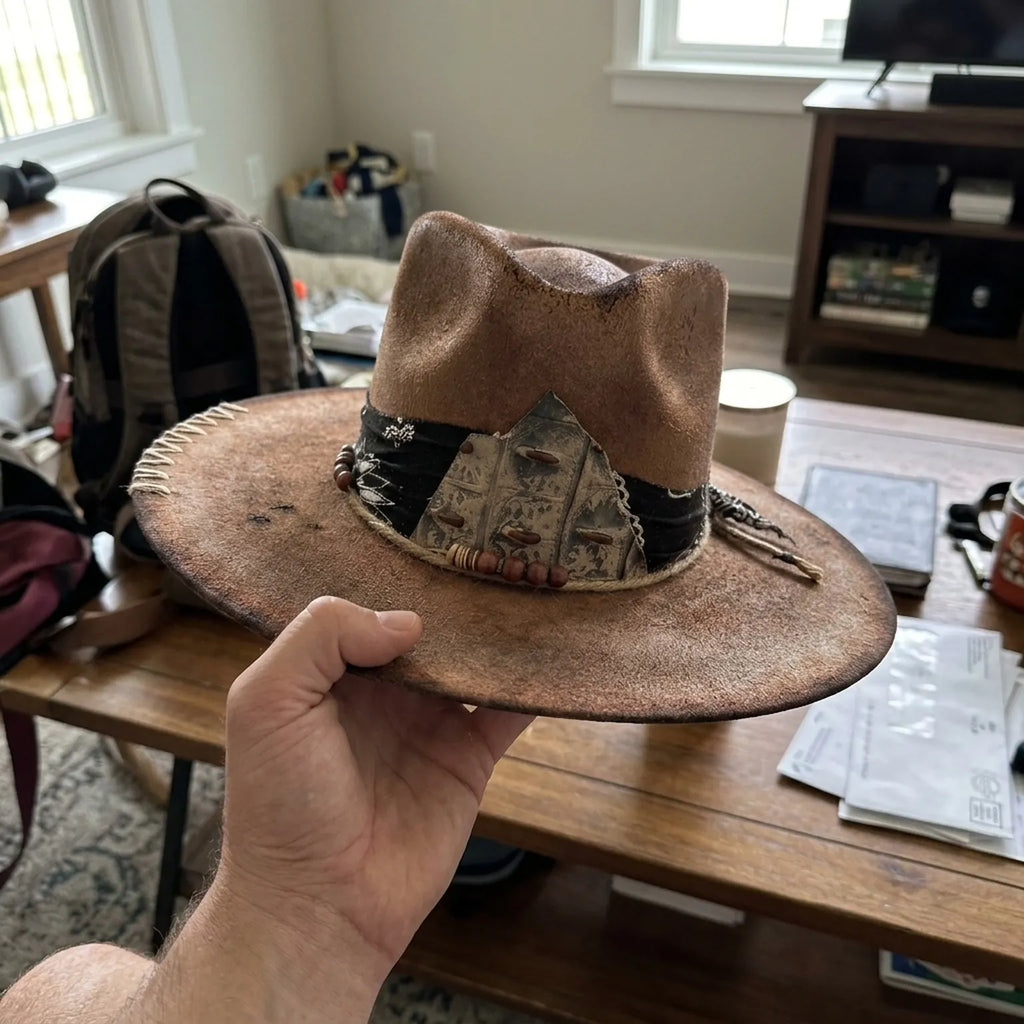 Distressed Brown Leather Western Hat Carved Tribal Pendant