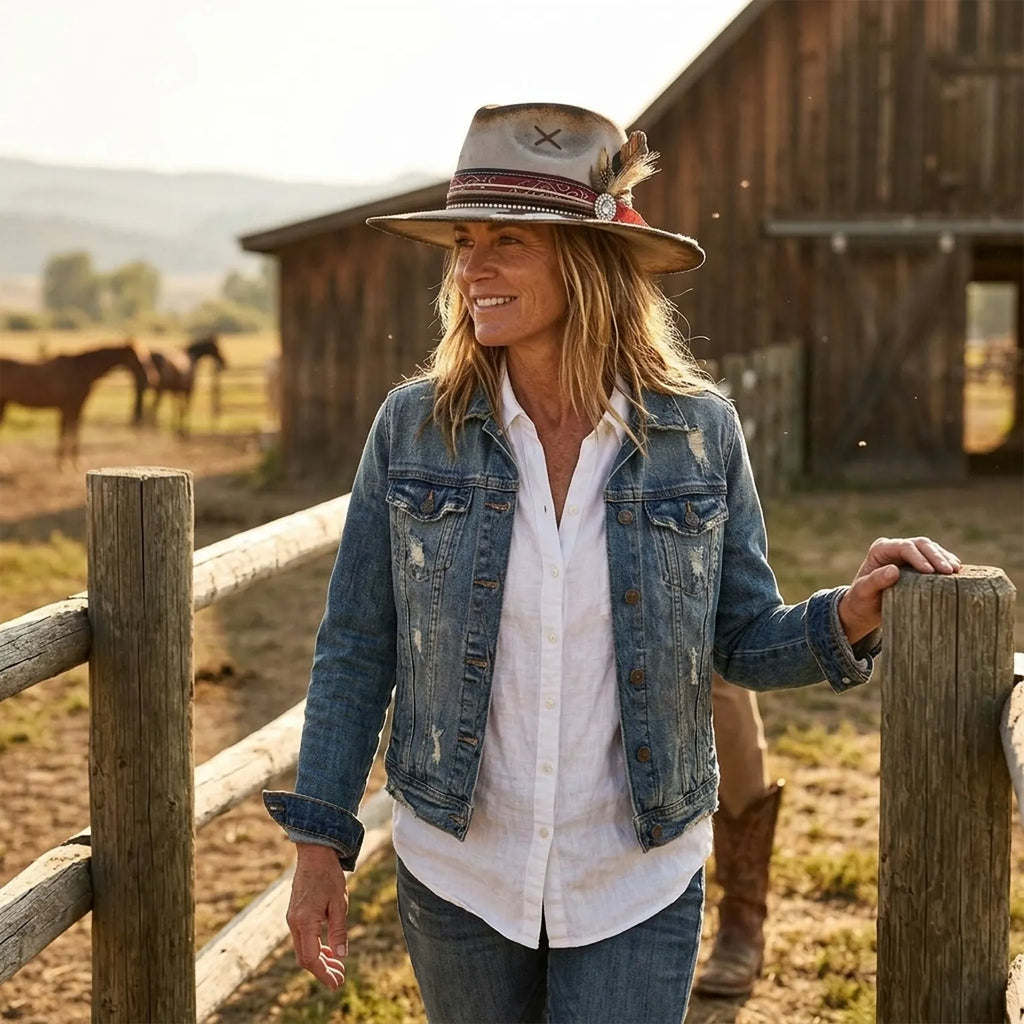 Distressed Brown Felt Western Hat Cowhide Brim Red Bandana