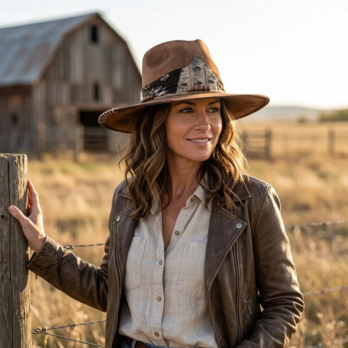 Distressed Brown Leather Western Hat Carved Tribal Pendant