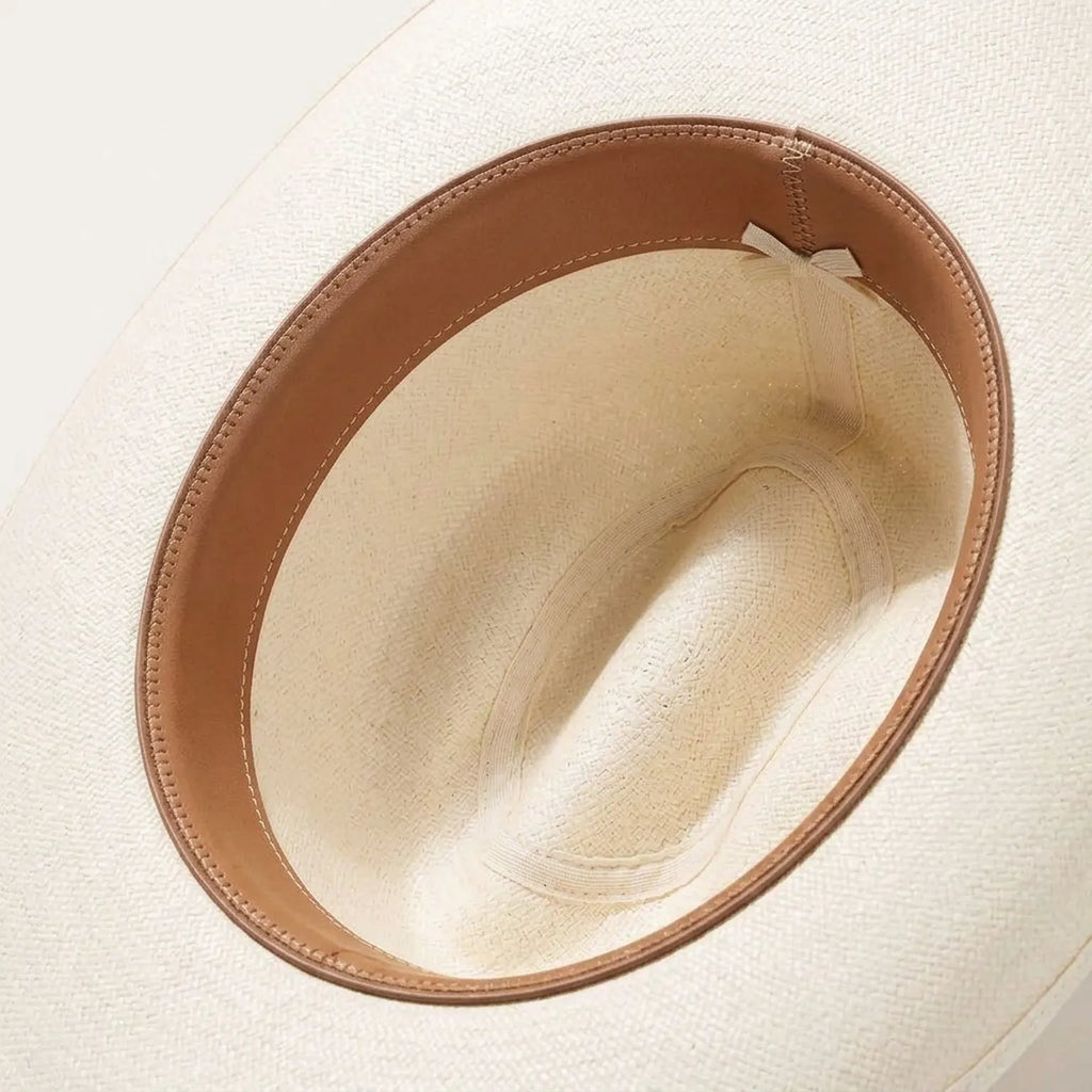 Cream Straw Cowboy Hat with Studded Leather Band and Feathers