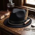 Black Fedora with Embossed Leather Band, Chain and Cigar Accent
