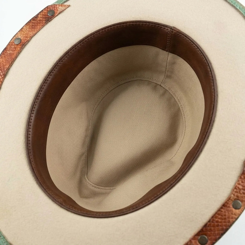 Patina Green Cowboy Hat with Rust Leather Patch and Feather