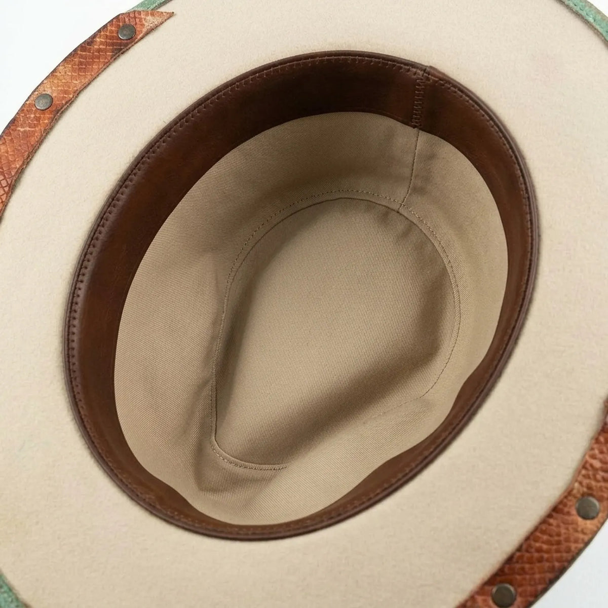 Patina Green Cowboy Hat with Rust Leather Patch and Feather