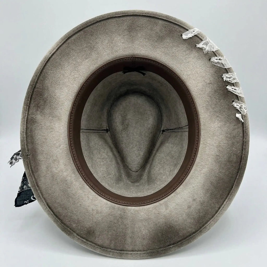 Distressed Beige Fedora with Bandana Scarf and Feather Accent