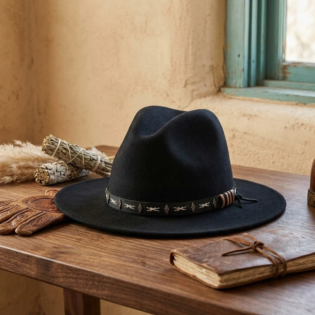 Black Felt Cowboy Hat with Embroidered Band and Side Ties