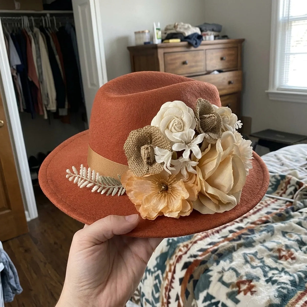Rust Felt Fedora With Ivory Floral Cluster And Fern Sprig