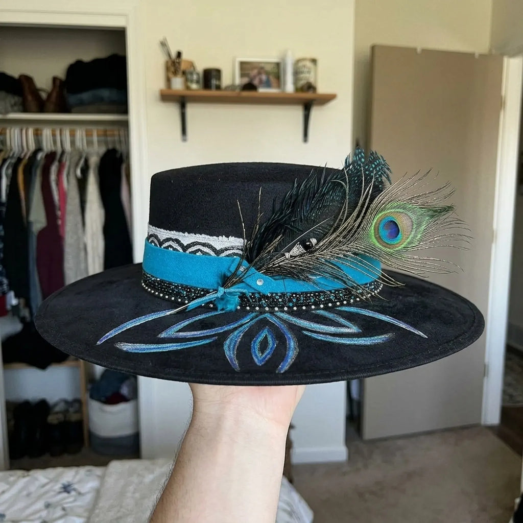 Black Wide-Brim Fedora with Peacock Feather and Turquoise Band