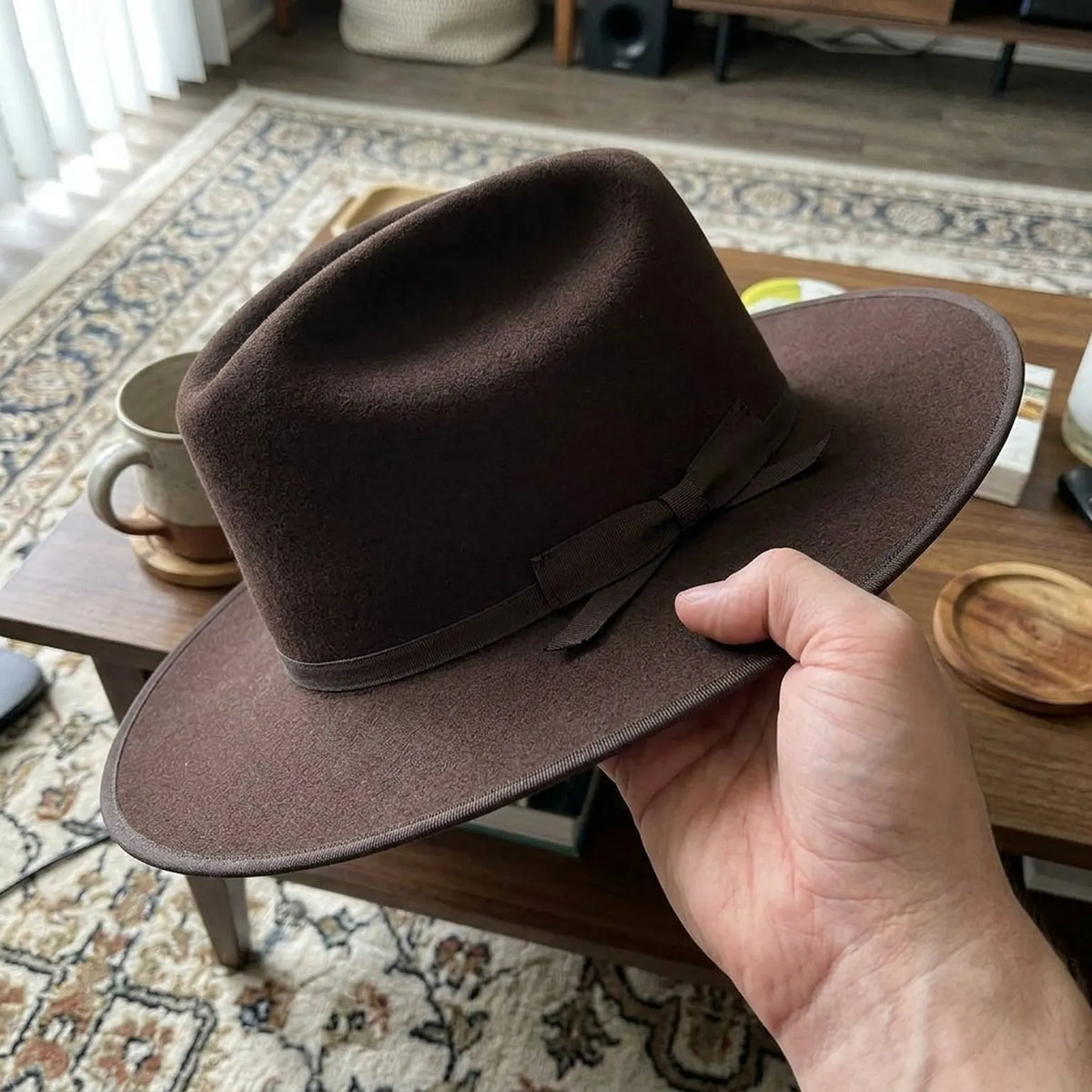 Dark Brown Felt Cowboy Hat with Cattleman Crown and Grosgrain Bow