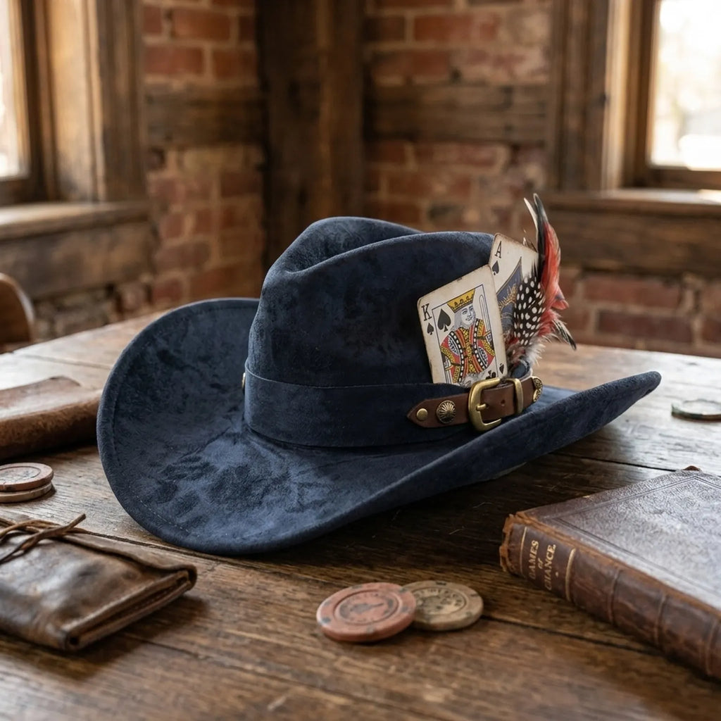 Navy Suede Western Hat With Leather Belt And Feather Cards