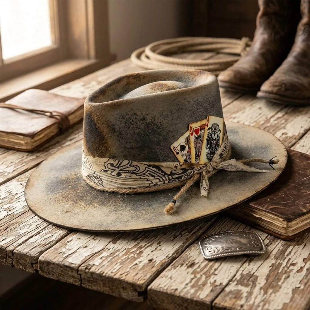 Gray Distressed Cowboy Hat with Playing Cards and Bandana Wrap