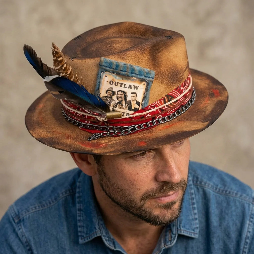 Western Fedora with OUTLAW Patch, Bullet and Chain Trim