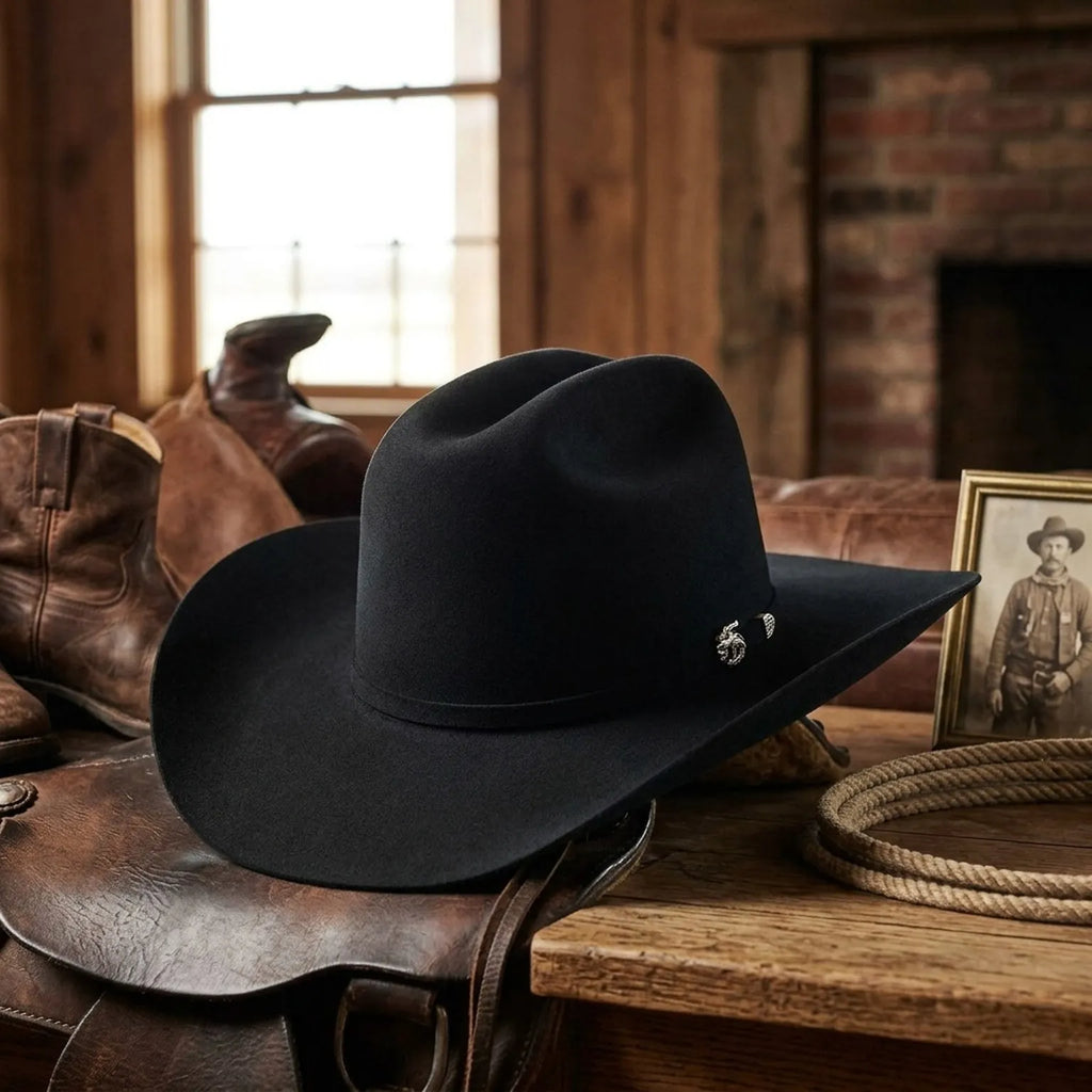 Black Felt Western Hat with Wide Flat Brim and Side Pin Detail