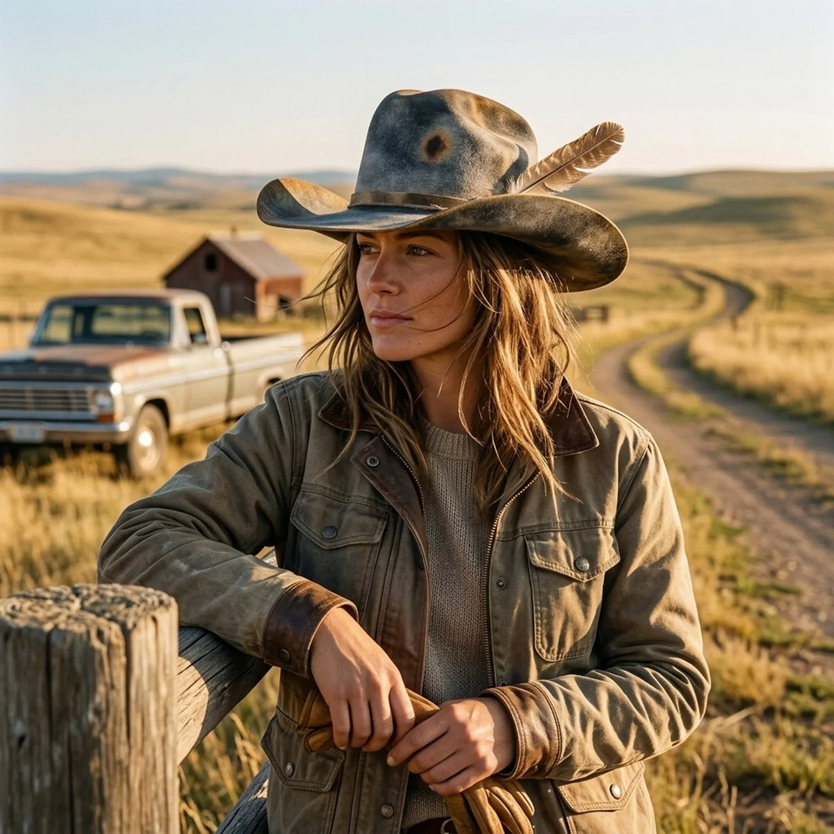Distressed Gray Felt Cowboy Hat with Feather Concho Band