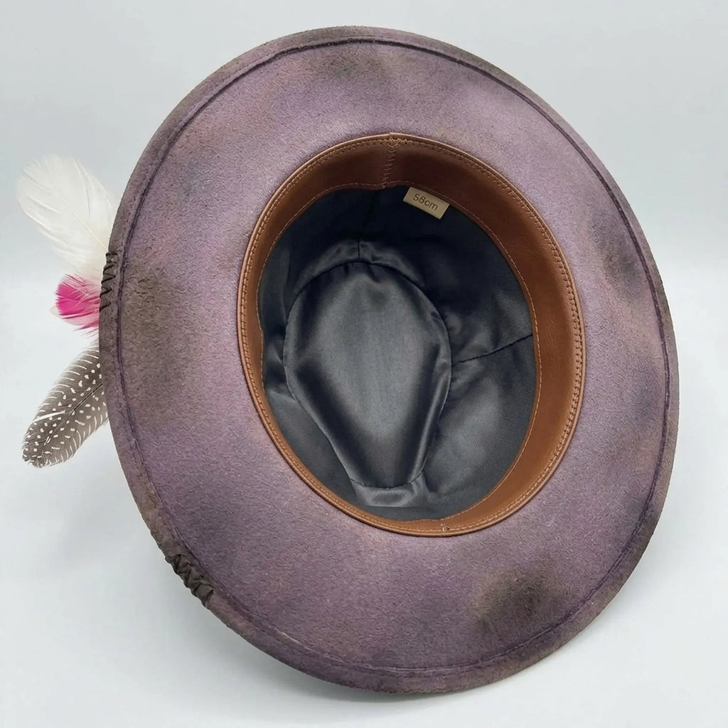Mauve Felt Fedora Hat with Pink Feather and Chain Detail