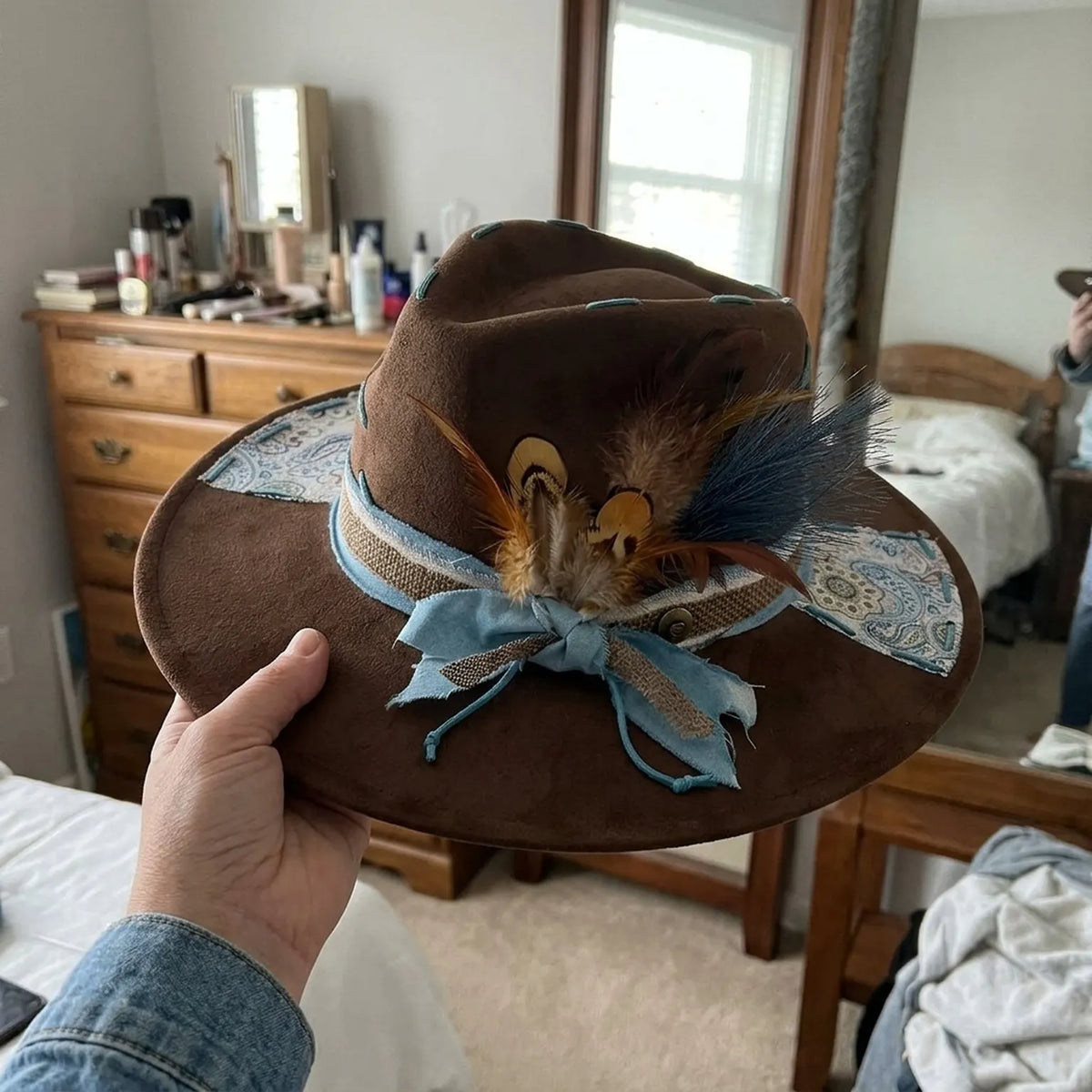 Brown Felt Fedora Hat with Patterned Fabric Wrap and Feathers
