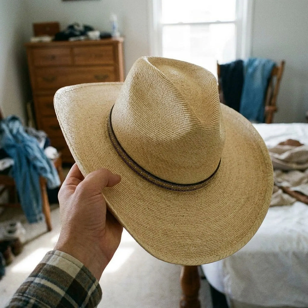 Natural Tan Raffia Western Hat with Contrast Stitched Band