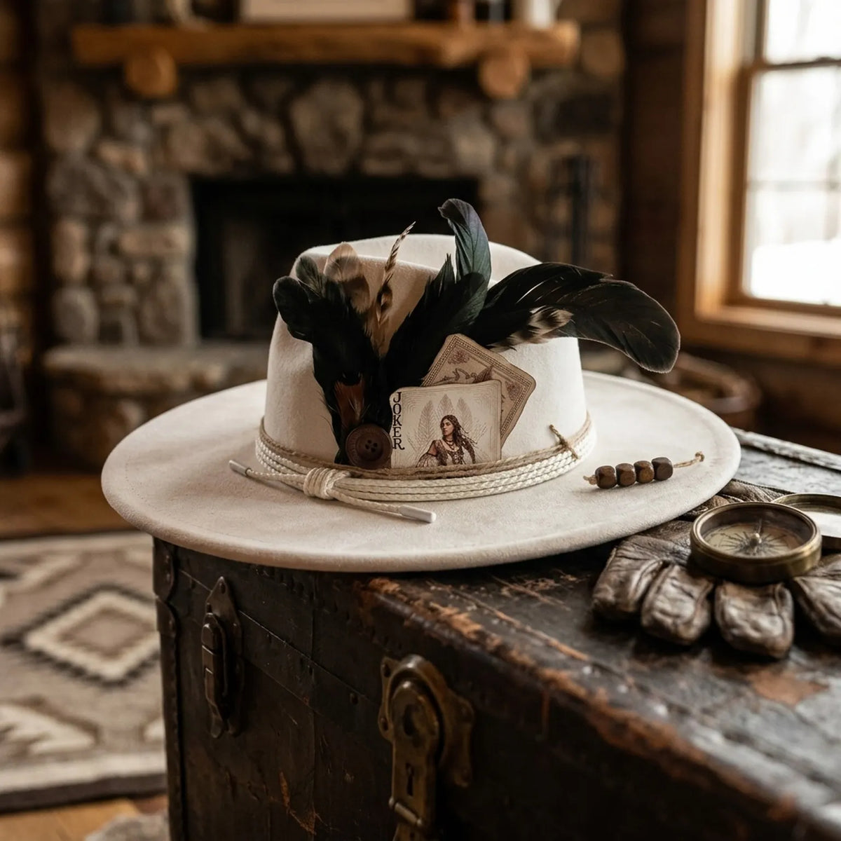 Cream Felt Fedora With Playing Cards Feathers And Wooden Beads