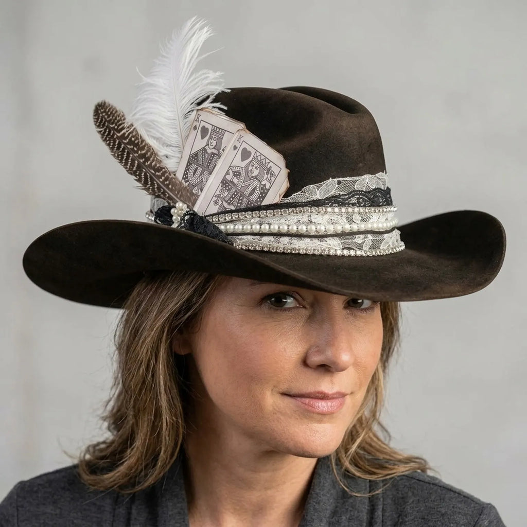 Dark Brown Fedora with Pearls, Lace, Feathers and Playing Cards