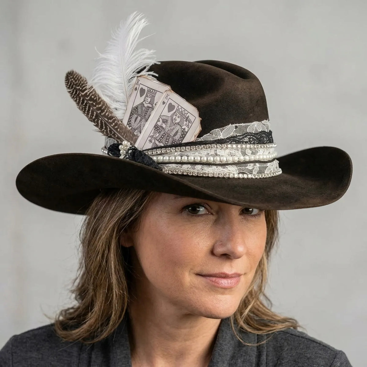 Dark Brown Fedora with Pearls, Lace, Feathers and Playing Cards