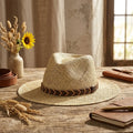 Natural Basket Weave Straw Sun Hat with Chevron Leather Band