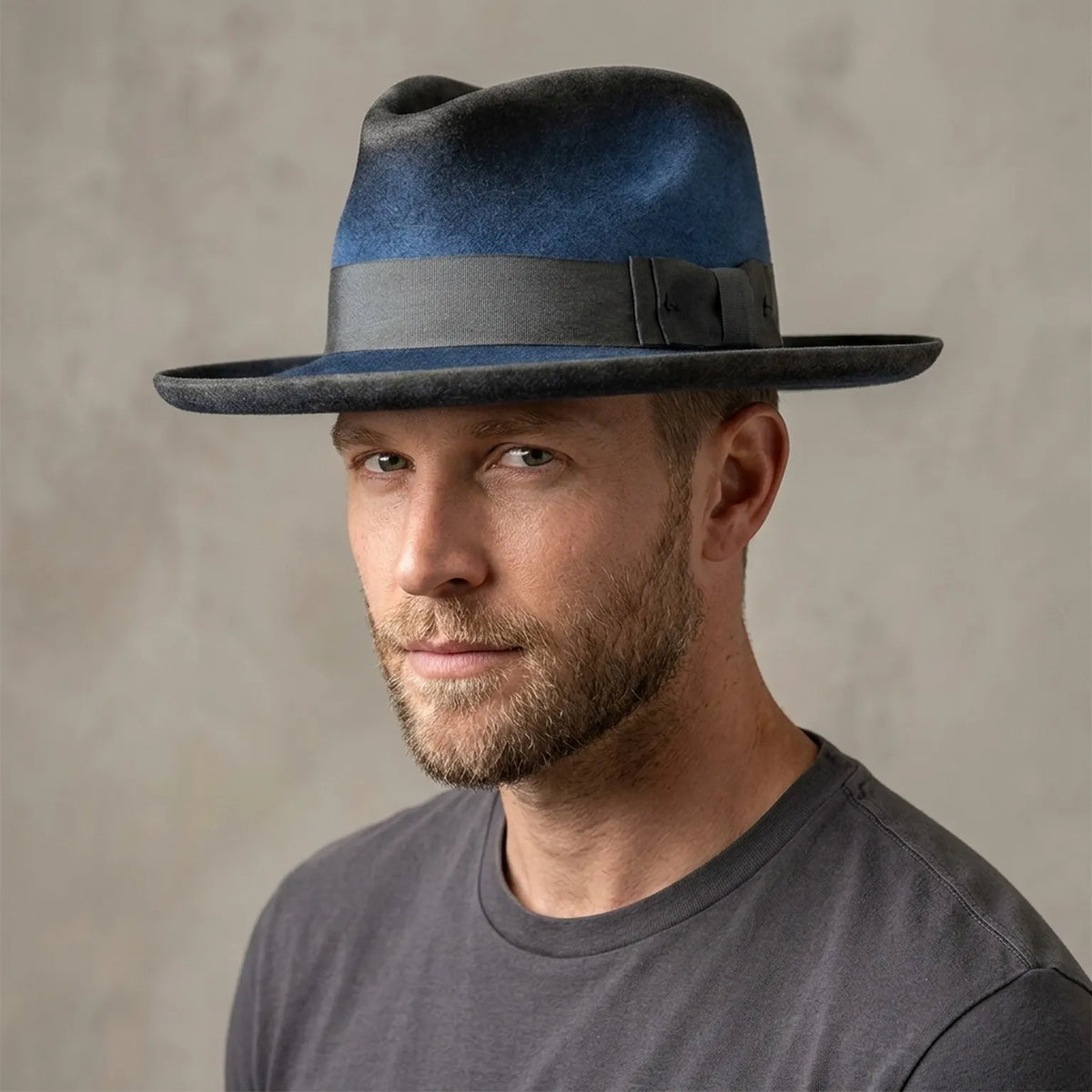Two-Tone Blue Wool Fedora with Grey Ribbon Bow Detail
