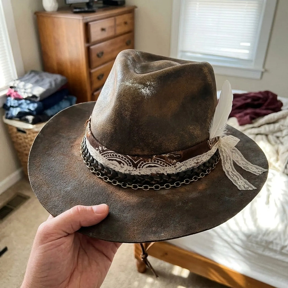 Romantic Brown Fedora with Lace, Chain and Feather Bow