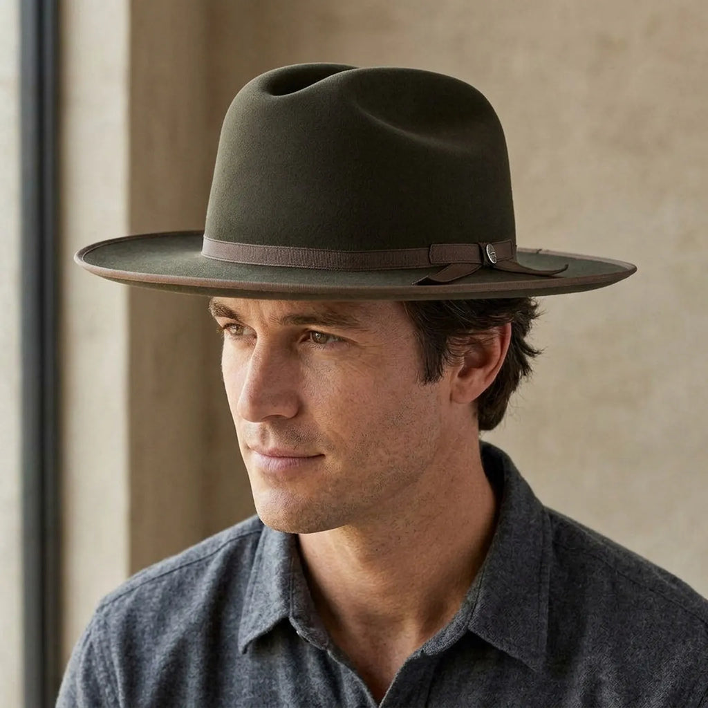 Olive Green Felt Fedora with Grosgrain Bow and Side Detail